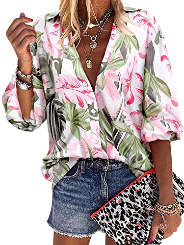 ZXZY Women's Hawaiian Shirts Long Sleeve Tropical Tops Button Down Dressy Casual Blouses