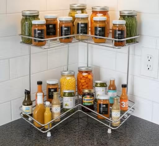 LADDOO Stainless Steel 2-Tier Corner Kitchen Organizer Rack | Space-Saving Countertop Storage Shelf for Bottles, Jars & Condiments | Rust-Resistant, Heavy-Duty Design-image-30