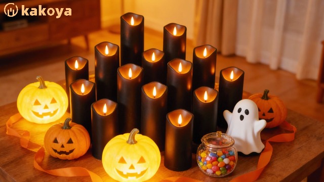 Image of kakoya Flickering Flameless Candles, Battery Operated Plastic LED Pillar Candles with Remote Control and Timer, Set of 24 (Black)