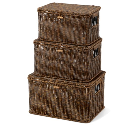 Nonam-Wicker-Storage-Basket-With-lid-Stackable-Plastic-Bin-Brown-SML Nonam Wicker Storage Basket With lid, Stackable Plastic Bin (Brown, S+M+L) - Image 1