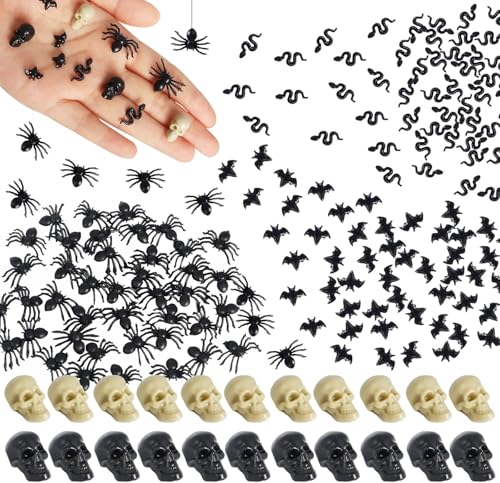 230 Piezas Halloween Mini Calaveras Araña Murciélagos Serpiente Miniaturas Decoraciones Falsas Pequeñas Figuras Juguetes Artículos de Broma para Casa Encantada Decoración