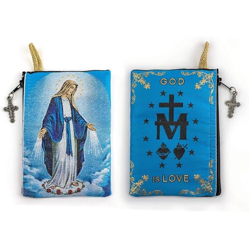 Image of Catholic Rosary Pouch, 4 inch x 6 inch Jewelry & Coin Purse with Cross, Small Woven Tapestry Icon Bag, Bolsa de Rosario Catolico para Joyeria, Our Lady of Grace & Miraculous Medal Symbol, 4 inch x 6 inch