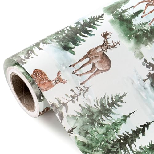 WRAPAHOLIC Kraft Christmas Wrapping Paper - Mini Roll - 17 Inch x 33 Feet - Watercolor Elk and Winter Forest Landscape Design for Christmas Holiday Party Celebration