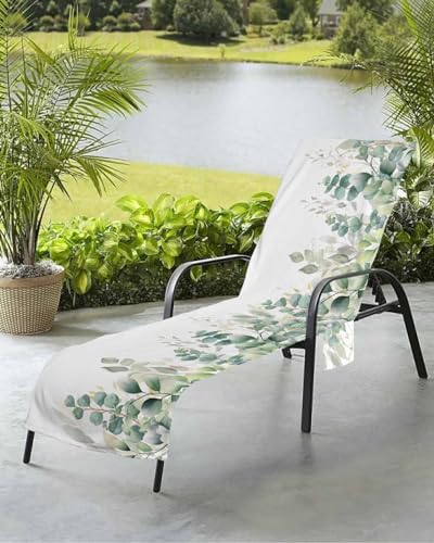 Sage Green Eucalyptus Beach Chair Towel Covers for Chaise Lounge with Side Pocket, Soft Plush Pool Towels Cover for Patio Sunbathing Outdoor 29''x85'' Contemporary White Botanical Watercolor