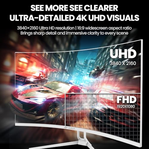 Image of CRUA 32 inch 4K 240Hz Curved Gaming Monitor, 1500R, FreeSync, Speakers, White | UHD 3840x2160 16:9 VA, 120%sRGB, HDMI2.1 /DP1.4, 75x75mm Wall Mount for PC Gaming, Movies, Streaming, Editing and Multitasking