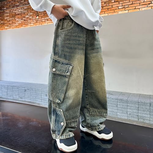 Boy's Elastic Waist Loose Cargo Pants Casual Preppy Sweatpants with Pockets Cargo Jeans for Boys4