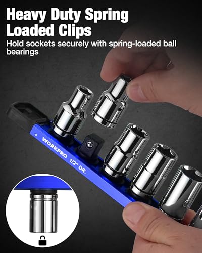 Image of WORKPRO Magnetic Socket Organizer, 1 /2 inch Drive Aluminum Alloy Socket Holder with 10PC Removable Socket Clips for Quick Customization, Socket Rail for Tool Box Drawer (Sockets Not Included)