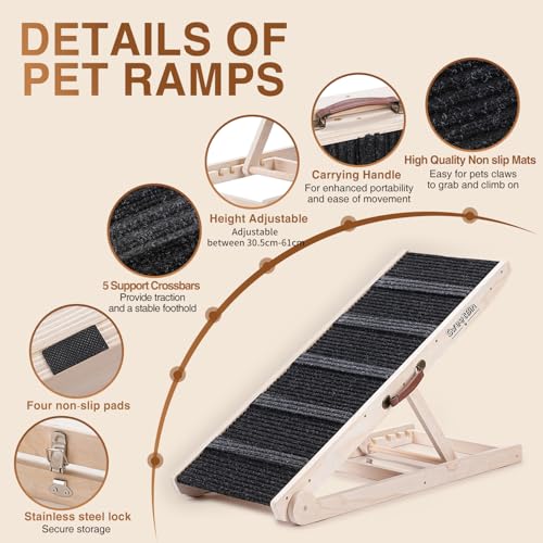 Hundehilz fürs Bett - Faltbar, von klein bis groß für Couch - 6 einstellbare Höhen von 30,5 bis 61cm - Stufen mit rutschfester Matte-Holzportabler Hundehilz zum Aufstieg auf Bett, Couch, Auto bis 90kg