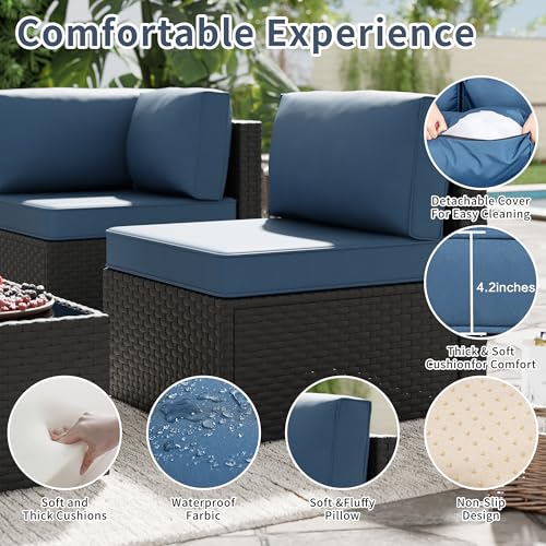 5pcs Patio Outdoor Furniture Sets Conversation Set, Low Back All-Weather Rattan Sectional Sofa with Tea Table&Washable Couch Cushions, Patio Furniture Sets (Black Rattan) - Image 3
