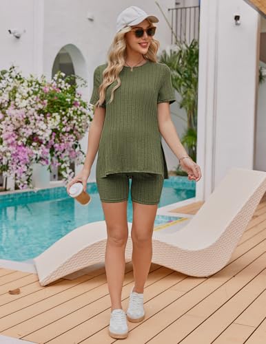 Ekouaer Maternity Sets 2 Piece Outfits Ribbed Knit Short Sleeve Shirts and Biker Shorts Pregnancy Loungewear Mama Clothes3