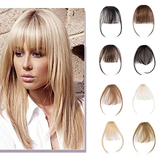 Clip In Air Bangs 100% Remy Human Hair Extensions One Piece front Neat Air Fringe Hand Tied Straight Flat Bangs Clip On Hairpiece With Temples For Women #613 Bleach Blonde 3g