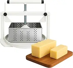 Kit Prensa Queijo Caseira Artesanal + 2 Formas de Queijo Minas Frescal Inox Retangular 500g e 1kg + Tampas e Reservatório