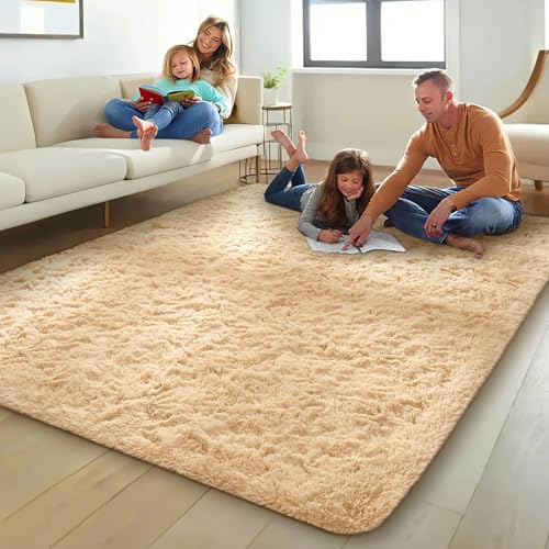 image for Ophanie Beige Rugs for Living Room Bedroom, 5x8 Fluffy Fuzzy Furry Car