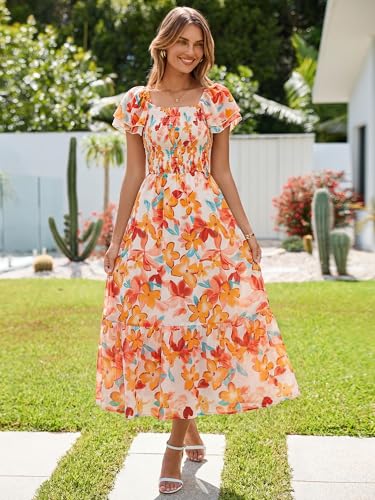 Simplee Womens Summer Floral Maxi Dress Flowy Flutter Sleeve Smocked Wedding Guest Square Neck A Line Tiered Casual Dresses Yellow Red — view 3