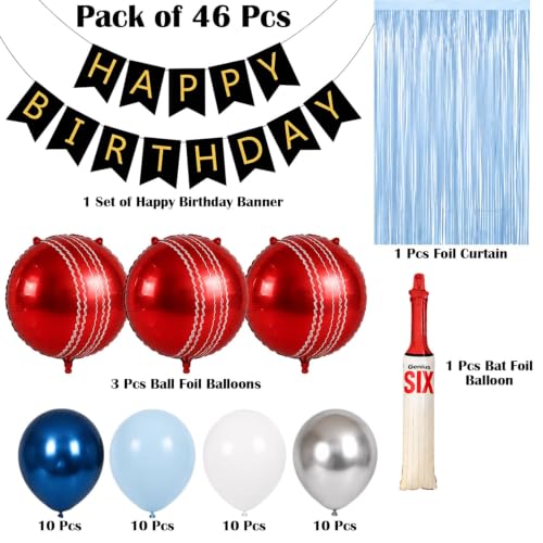 Image of Cricket Theme Birthday Decoration Kit Pack of 46 Pcs for Boys & Kids Bat and Ball Foil Balloons Birthday Party Decoration