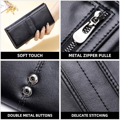 Image of Wallets for Women RFID Blocking Long Ladies Wallet Bifold Womens Leather Wallet with Coin Pocket ID Window, Black