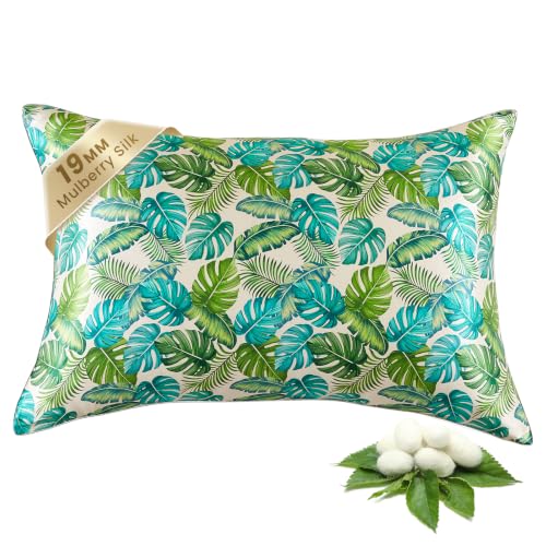 Image of THXSILK Natural Mulberry Silk Pillowcase for Hair and Skin, Mulberry Silk Bed Pillow Cover with Hidden Zipper, 1pc Hypoallergenic Organic Silk Pillowcase (King 20 inchx36 inch, Green Monstera Print)