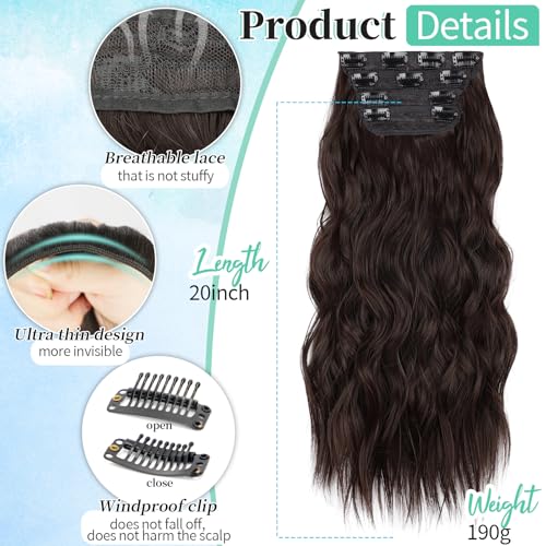 Image of KooKaStyle Wavy Thick Clip in Hair Extensions 20 inch Chocolate Brown 33Y# | 4 Pieces Clip in Extensions,Fiber Double Weft Hairpieces,Natural Volume,Beach Wave Synthetic Hairpiece for Women