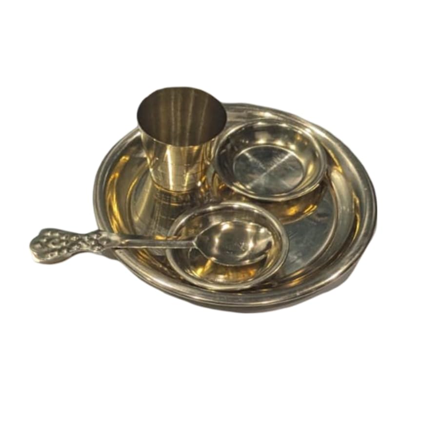 Brass Prasad Bhog Thali Set Rituals Puja Plate 1 thali, 2 Bowl, 1 Glass, 1 Spoon