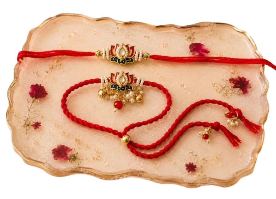Image of Premium Lotus Couple Rakhi Set for Brother & Bhabhi, Pack of 2 | Handmade Designer, Pearl & Bead Work, Traditional Raksha Bandhan Gift, Red Thread
