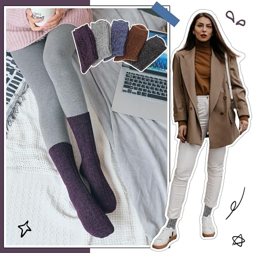 EBMORE 5 Pairs Merino Wool Socks for Women Thermal Warm Thick Winter Hiking Knit Cozy Crew Duty Work Soft Socks for Ladies3