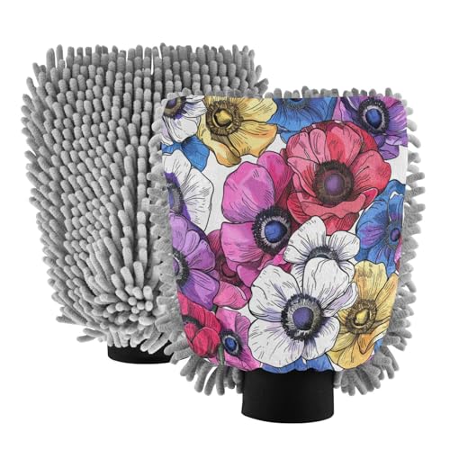 ALAZA Colorful Anemone Flower Floral Car Wash Mitt Scratch Free, 2 Pack Absorbent Microfiber/Chenille Washing & Drying Mitts, M