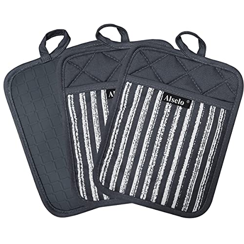 Alselo Silicone Pot Holders Set Of 3 Heat Resistant & Non Slip Potholders, Professional Oven Hot Pads With Pockets Mitts For Kitchen Cooking Baking Barbecue #TOP7