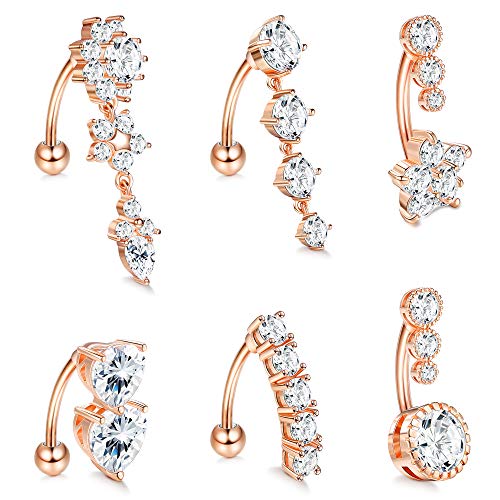 LOLIAS 6 Pcs 14G Dangle Belly Button Rings for Women 316L Surgical Steel Clear CZ Barbell Piercing Dangle Reverse Curved Navel Barbell Body Jewelry,RG