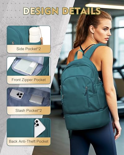 Image of Gym Backpack for Women Men, Lightweight Gym Bag with Shoe Compartment, Waterproof Sports Backpack with Wet Pocket, Peacock Blue