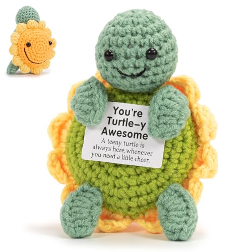 Bafiwu Funny Positive Turtle Gifts,Cute Handmade Positive Crochet Animals,Funny Birthday Gifts for Women,Emotional Support Presents for Women Men Chriatmas Decor (smile)
