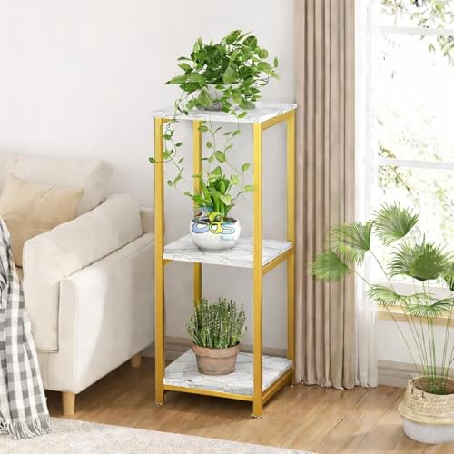 Image of Device Bas with BROWN ART SHOPPEE Plant Stand Indoor Outdoor,Tall Metal Plant Stands, 3 tier Flower Pot Plant Holder, Modern Plant Shelf for Corner Living Room Garden Balcon (Gold & white)