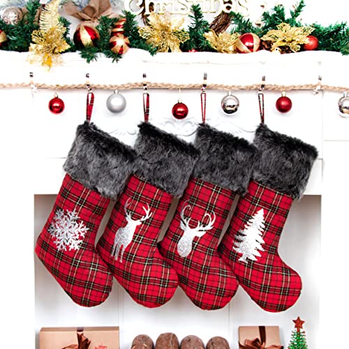 Juego de 4 Medias de Navidad clásicas a Cuadros Rojos con puño de Felpa de Piel sintética Negra para Colgar Medias de Navidad para decoración de Chimenea de Navidad, Paquete de 4 Cover