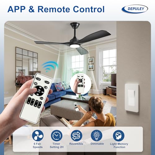 Image of Depuley 52-Inch Ceiling Fan with Light: Black 3 Blade Outdoor Fans for Patios - Dimmable Indoor Fan with Remote Control Living Room Fandelier Ceiling Fans Ultra Quiet DC Motor Reversible 6 Speed Timer
