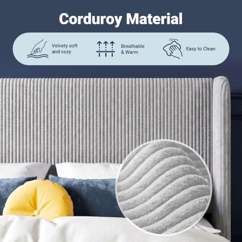 Image of Allewie Full Size Platform Bed with Corduroy Wingback Headboard, Light Grey