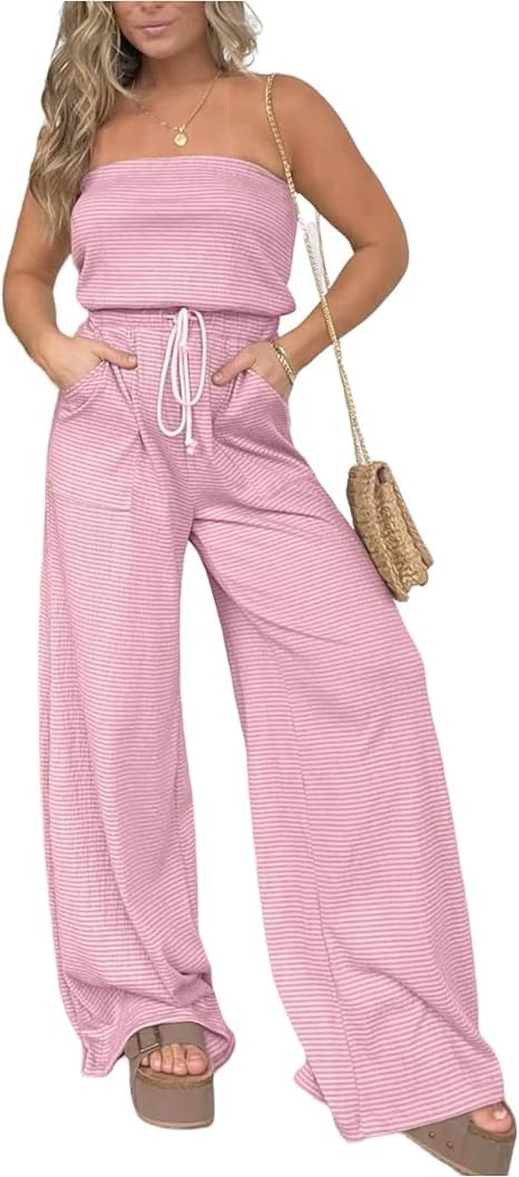 Strapless Wide Leg Striped Jumpsuit,Women's Strapless Smocked Tube Top,Casual off Shoulder Belted Wide Leg Romper