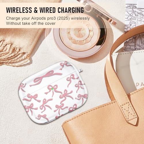Image of Compatible Airpods Pro 3 Case (2025),Soft Cute Pink Bow Print Silicone Protective Cases for Apple AirPods Pro 3rd Generation Case,Airpod Pro 3 Cover with Keychain&Cleaner Kit for Women /Girls,Pink Bow