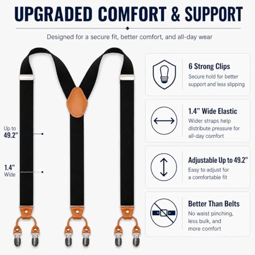 Image of Men's Heavy Duty Y-Back Suspenders, 6 Strong Metal Clips Adjustable Elastic Straps for Work, Tuxedos, and Daily Wear