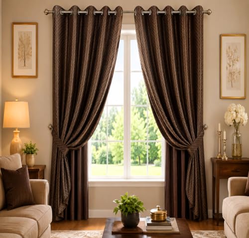 Image of Double Curtains 2 in 1 Embroidery Transparent with 80% Blackout Best for Every Interior Living Room Door Grommet Curtains (D Coffee, 9 L4 W feet (Set 2))