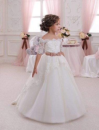 Lace Shining Flower Girls Pageant Dresses Half Sleeves Girls First Communion Ball Gowns Princess Wedding4