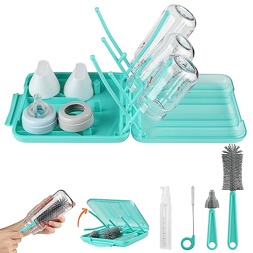 Image of YomauiYee 6 in 1 Bottle Brush Set,Bottle Cleaner Brush Kit with Bottle Brush,Drying Rack,Nipple Brush,Straw Brush,Soap Dispenser&Storage Box,Portable Baby Essentials for Home&Travel