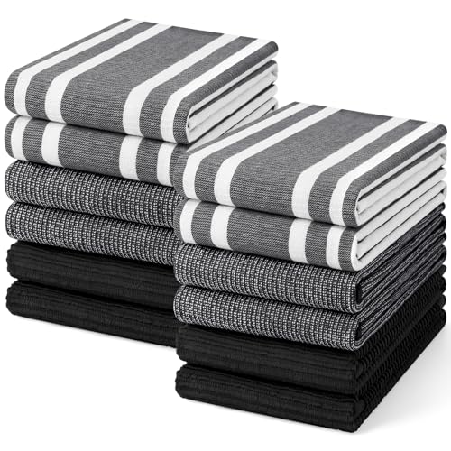 Image of Homaxy Premium Kitchen Towels(18 inchx 28 inch, 12 Pack), Large Cotton 380 GSM Kitchen Hand Towels, Soft and Absorbent Terry Dish Towels, Multipurpose Tea Towel Set with Hanging Loop, Black