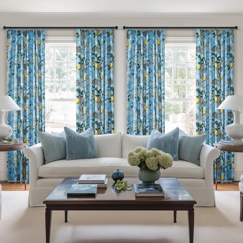 Image of Vintage Floral Curtains 90 Inches Long for Living Room Bedroom Luxury Whimsical Lemon Hummingbird Patterned Waverly Mid Century Colorful Pinch Pleated Blackout Drapes 2 Panels，Light Blue