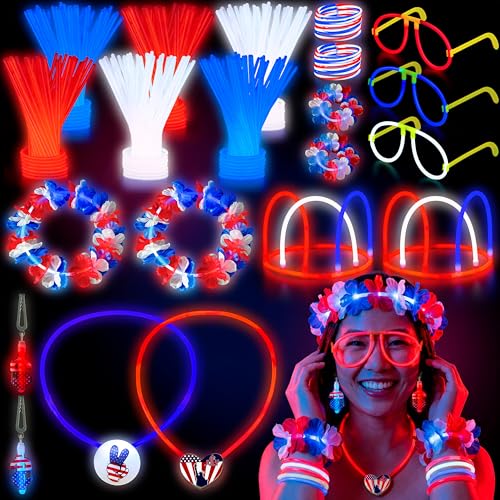 JOYIN 4th of July Patriotic Glow Stick Glasses Necklace Bracelets Headbands Earrings Accessories Red White Blue Light Up Sticks Glow in the Dark Party Supplies for Independence Day Parade Celebration