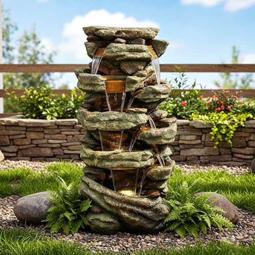 Image of SunJet 59 inch High Multi-Tiers Cascading Rock Outdoor Water Fountain with LED Lights - Large Outdoor Fountains and Waterfalls for Garden or Patio, Yard, and Deck Decor, Featuring Natural Stone Look