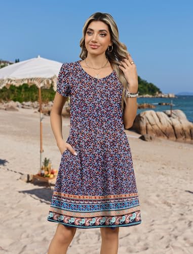 Image of Zeagoo Womens Summer A-Line Dress with Pockets Mini Short Sleeve Dresses Flowy Beach Swing Dress 2026 Vacation Travel