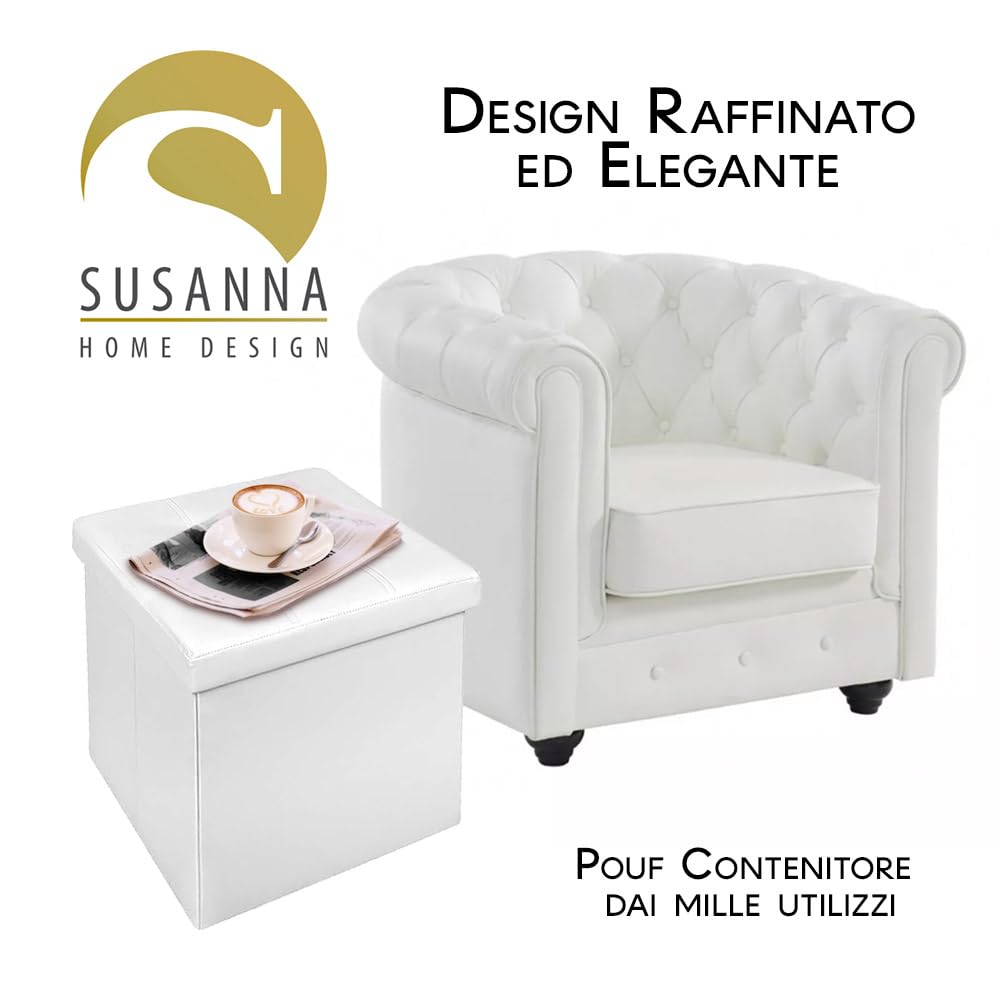 Generico Pouf Contenitore Quadrato in Ecopelle, Pouf Poggiapiedi Imbottito pieghevole in simil pelle (BIANCO, 38X38X38)