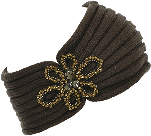 Hand By Hand™ Floral Knitted Headband Headwrap Rhinestone Warmth [Brown.](One Size)