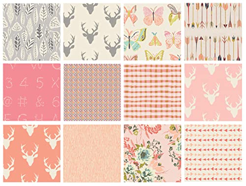 Girl's Woodland Nursery Quilt Fabrics | Hello Bear Fabric Bundle | Deer Head Fabric | Pink and Gray Quilt Bundle with Butterflies | Art Gallery Fabrics (Fat Quarters)