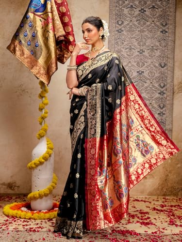 Image of SIRIL Women's Paithani jacquard Silk Saree |Chandrakor Paithani jacquard Saree With Unstitched Blouse Piece