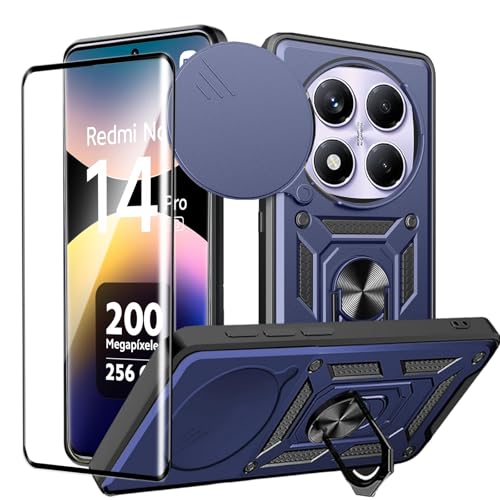 #ColaboraciónPagada<br>Funda para Xiaomi Redmi Note 14 PRO 5G/Poco X7 5G + Cristal Templado Armor Carcasa Militar Antiarañazos con 360° Soporte de Anillo Antigolpes Carcasa con Cubierta de Cámara Deslizante Azul